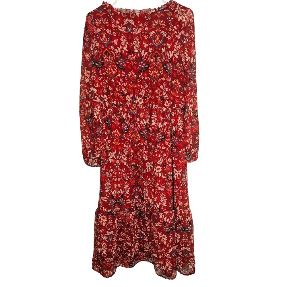 LOFT Red Floral Clip‎ Dot Tiered Midi Dress Long Sleeve Ruffle V-Neck Size M
